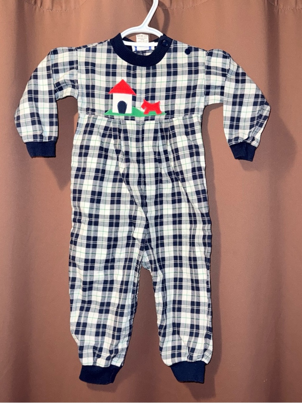 Vtg Eiseman Boys Navy blue and white plaid one piece with dog and house design